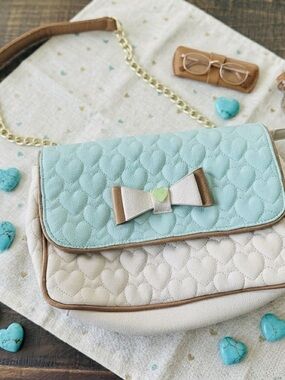 Betsey Johnson Quilted Heart Bow Handbag - Turquoise & Cream with Tan Trim